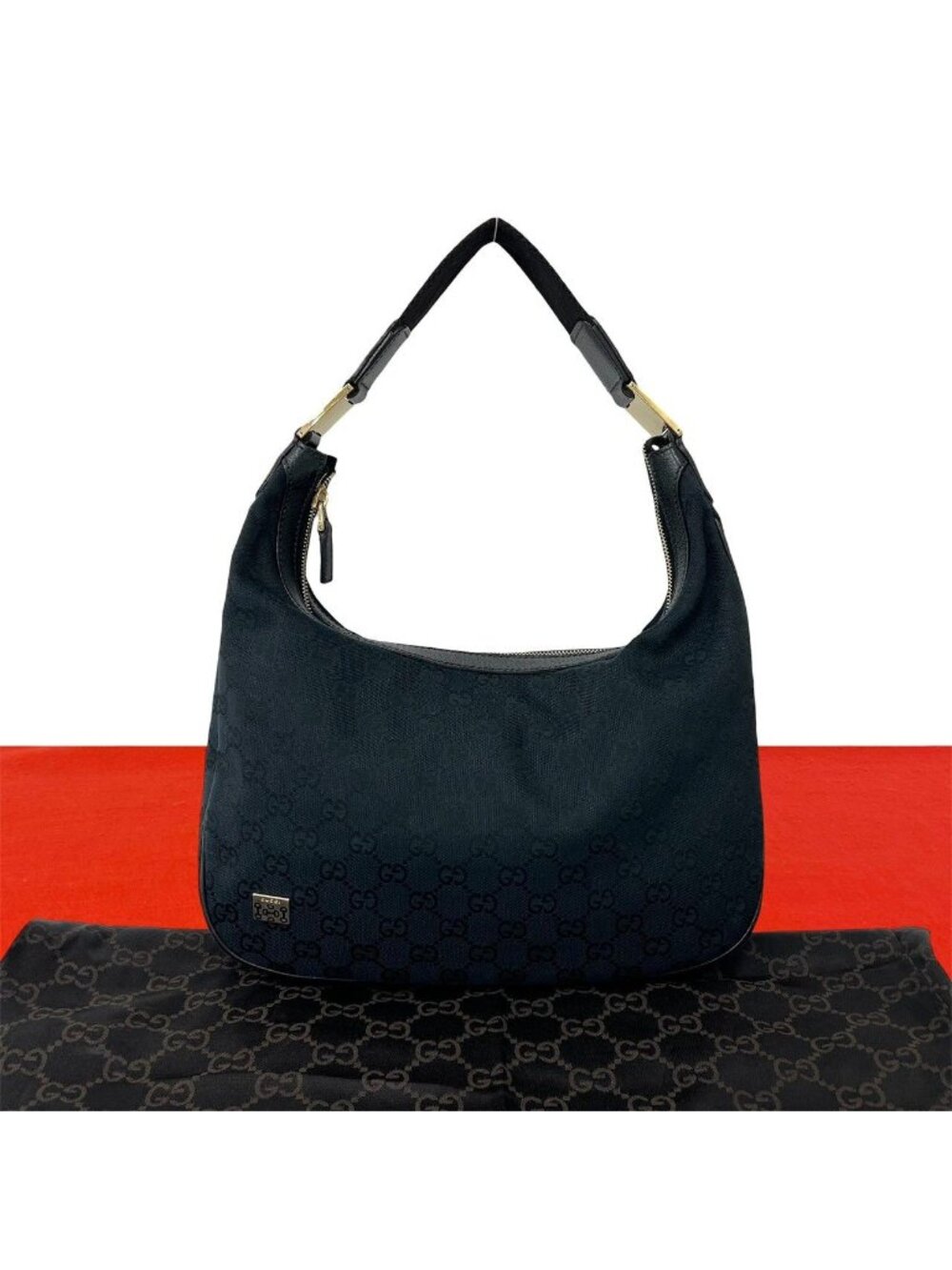 Gucci GG Logo Pattern Canvas Leather Semi Hobo Black